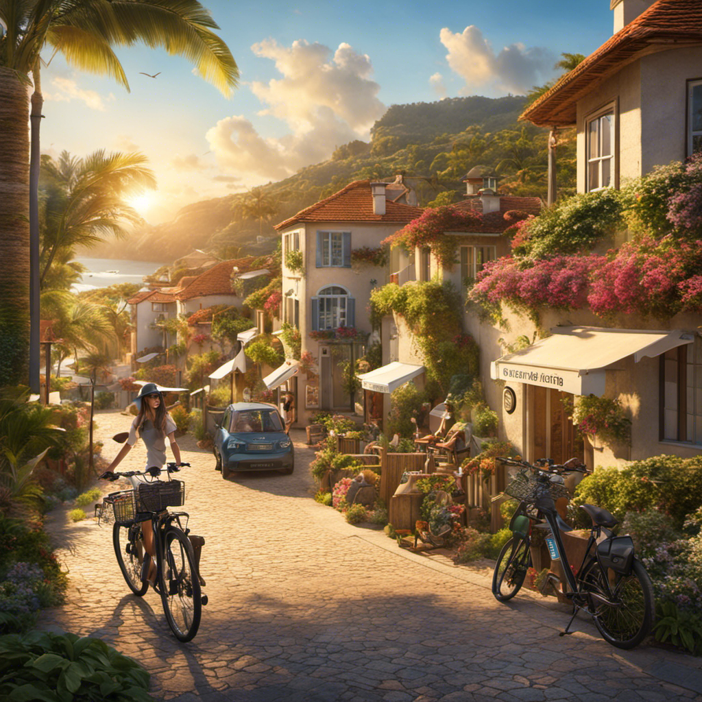 An image showcasing a picturesque coastal resort town, bathed in warm sunlight, with solar panels seamlessly integrated into the landscape, powering eco-friendly activities like electric bikes and charging stations for electric vehicles