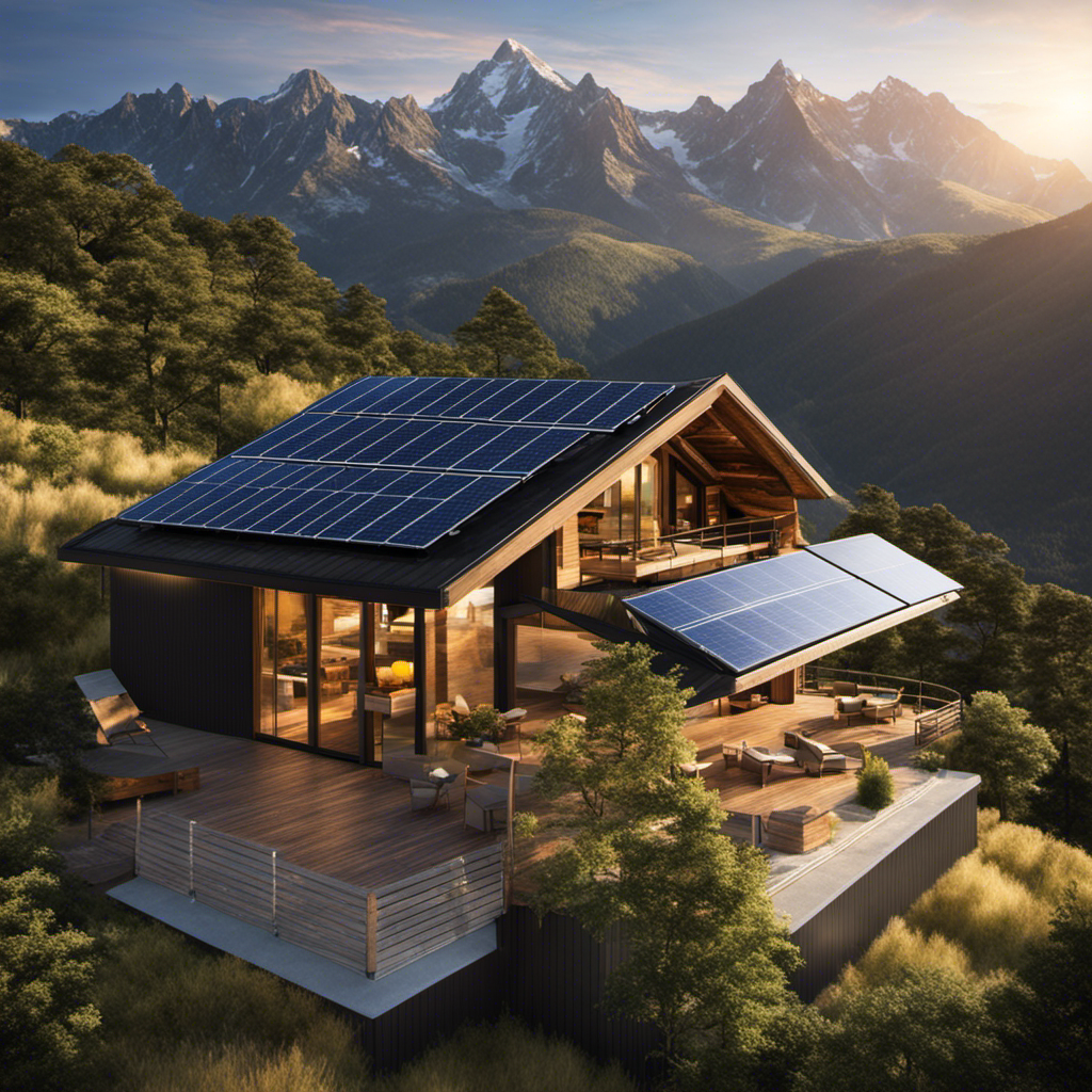 An image showcasing a breathtaking mountain landscape, with solar panels seamlessly integrated into the roofs of eco-friendly lodges