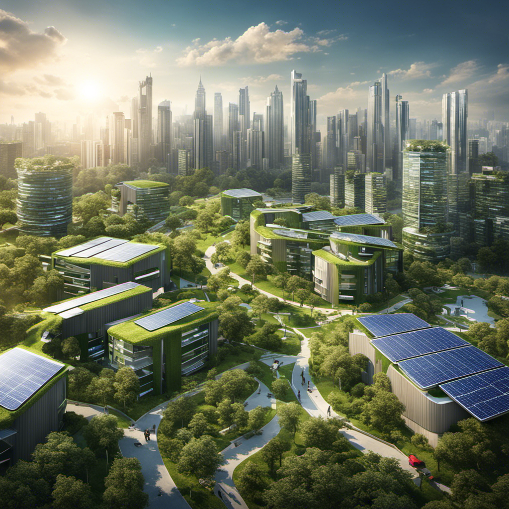 An image showcasing a modern, eco-friendly cityscape with sleek solar panels glistening on rooftops, surrounded by neatly organized recycling bins, waste-to-energy facilities, and lush green spaces, symbolizing the harmonious integration of solar energy and sustainable waste management practices