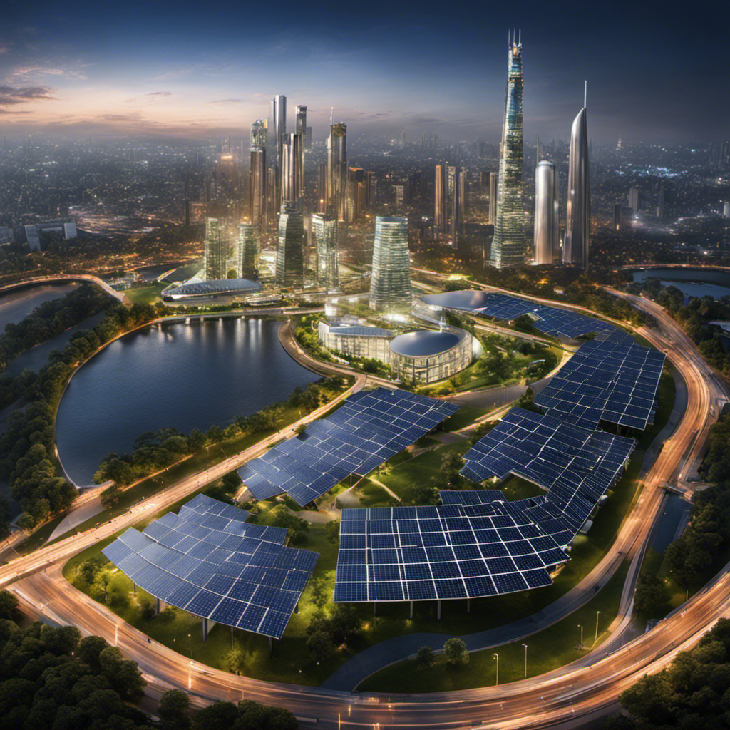 An image showcasing a bustling city skyline with solar panels adorning rooftops, while a state-of-the-art waste-to-energy plant stands tall at the outskirts, emitting clean energy and reducing environmental impact