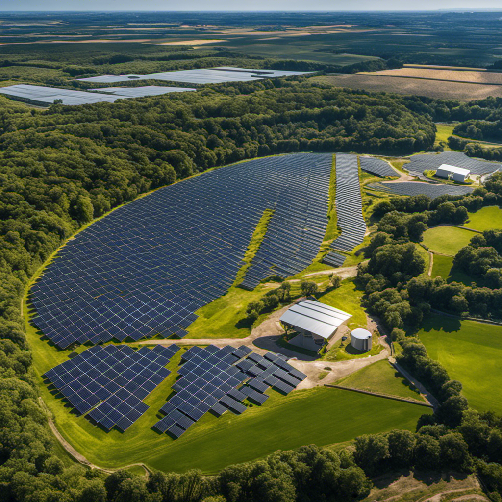 An image of a vibrant solar panel field, seamlessly integrated with a recycling facility in the background