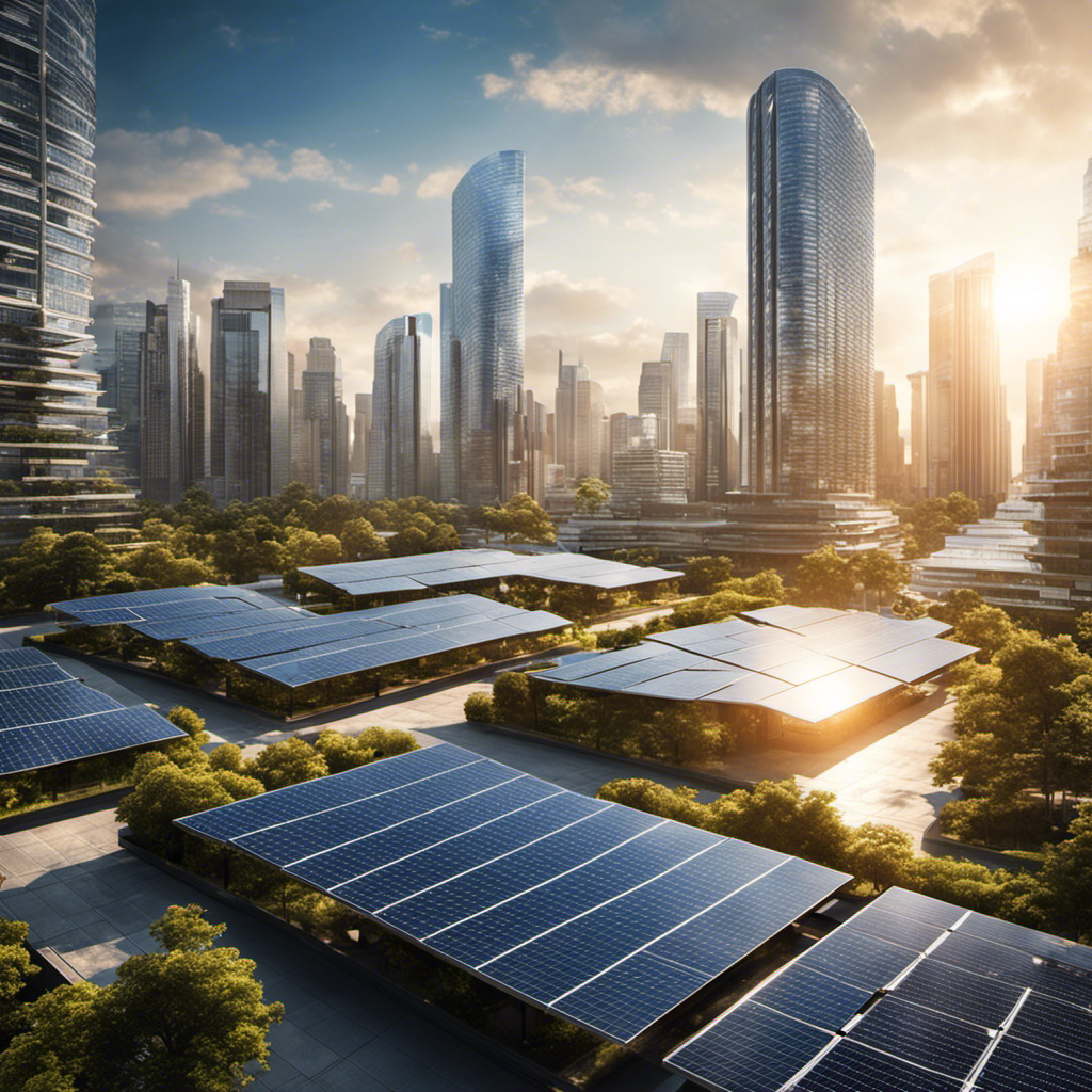 An image showcasing a bustling cityscape with sleek, modern buildings adorned with solar panels on their rooftops