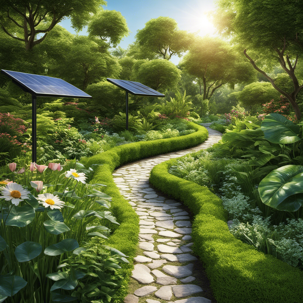 An image showcasing a serene walking path winding through lush greenery, with solar panels discreetly integrated into the path, harnessing the sun's energy