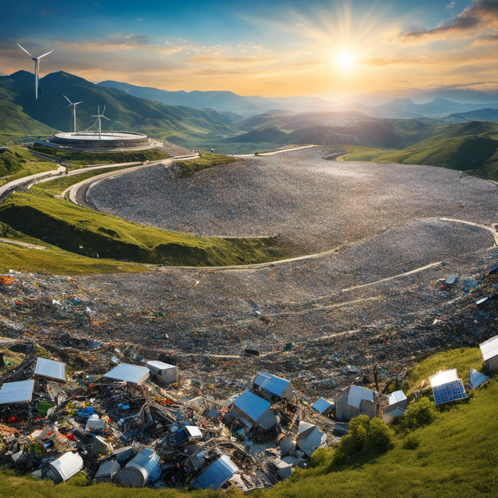 An image showcasing a sprawling landfill with mountains of waste, juxtaposed against a vibrant solar farm, emitting clean, renewable energy under a clear blue sky, symbolizing the potential of solar energy in waste management