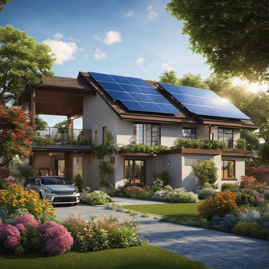 An image showcasing a solar panel array, glistening under a clear blue sky, while a serene garden flourishes nearby with a rainwater harvesting system, highlighting the harmonious relationship between solar energy and water conservation