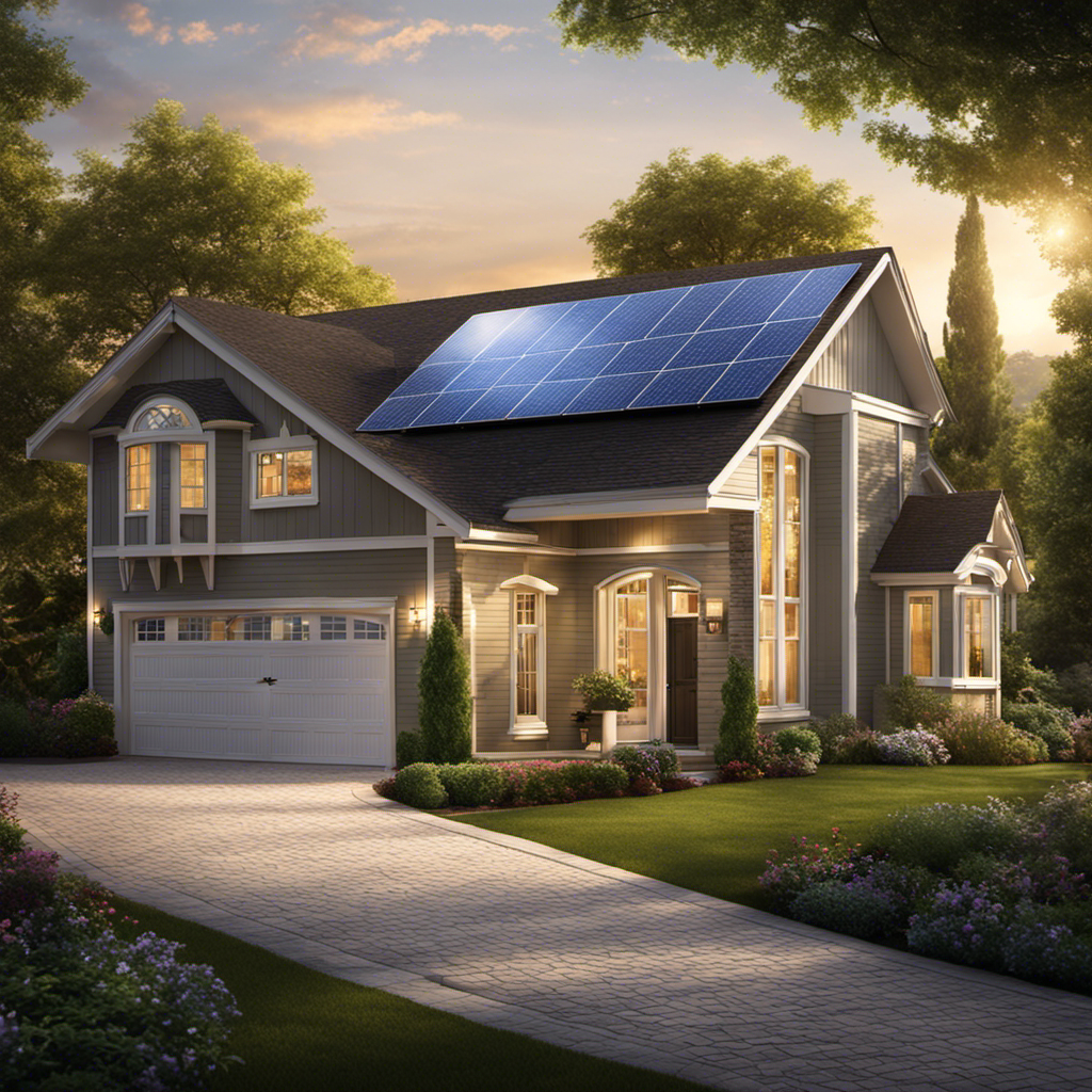 An image capturing a picturesque suburban home adorned with solar panels, gleaming under the sun's rays