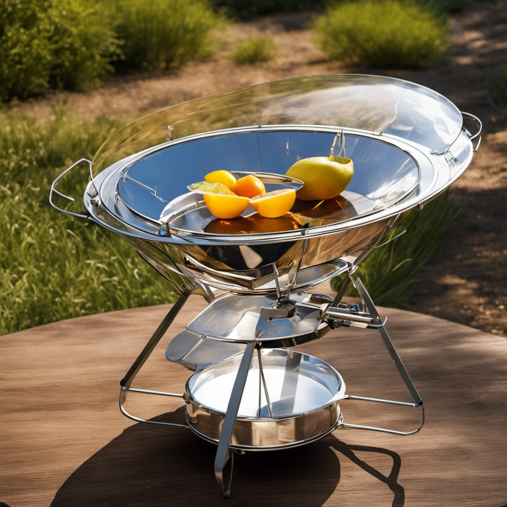 An image showcasing a solar cooker in action, with the sun's rays directly heating the cooker's reflective surface, while food inside a transparent container absorbs the resulting heat