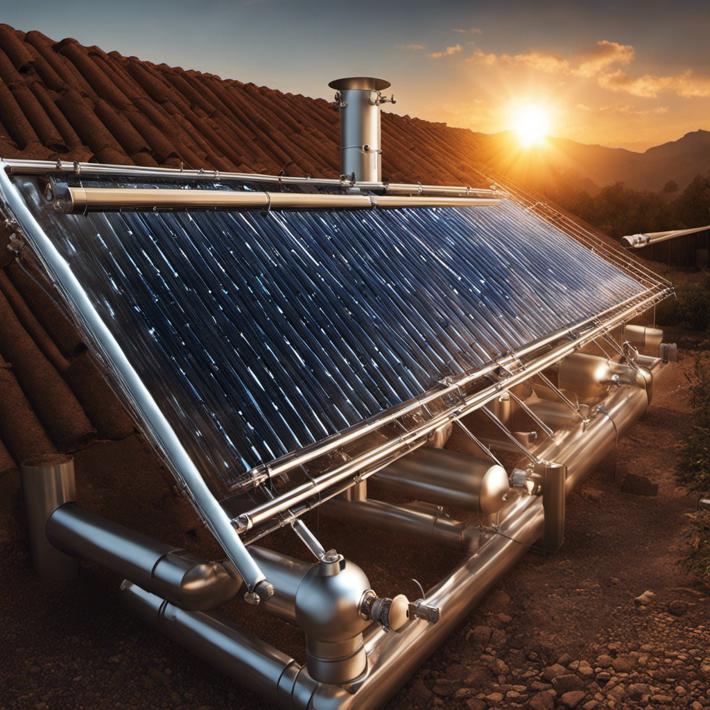 An image showcasing a solar water heater system with clear tubes capturing sunlight and transferring it to water-filled tanks through a network of dark pipes, visually representing the conversion of solar energy to heat energy