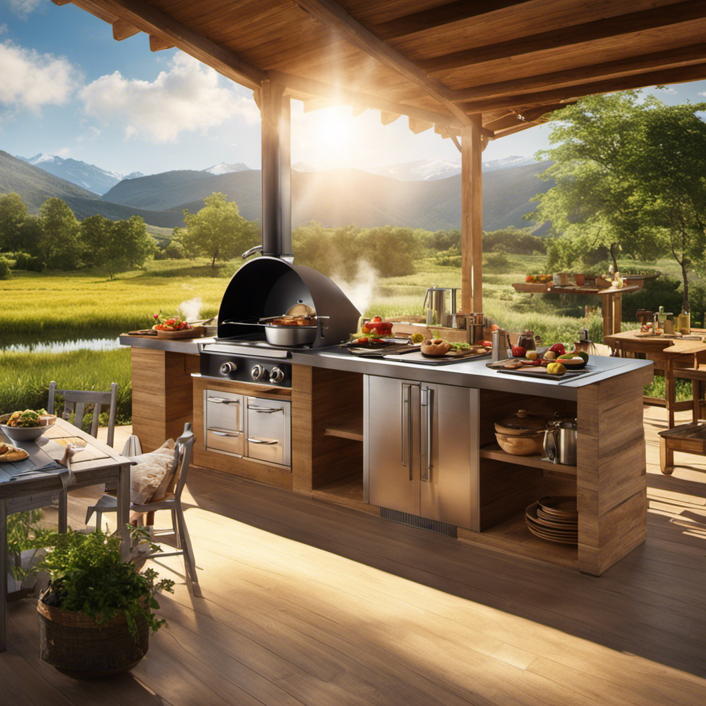 An image showcasing a sunlit outdoor kitchen with a solar cooker, emitting smoke-free flames while cooking healthy meals
