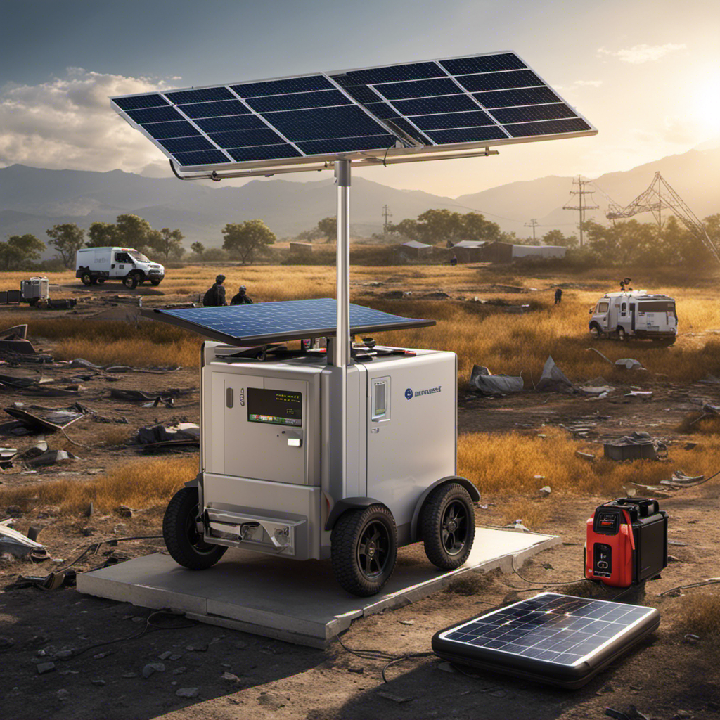 An image that illustrates a solar-powered mobile charging station amidst a disaster-stricken area, with emergency personnel utilizing solar panels to power communication devices, lights, and medical equipment