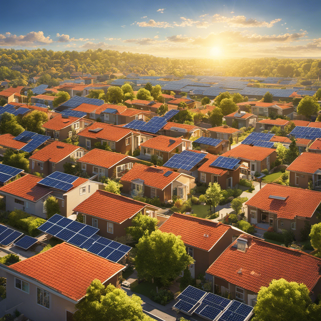 An image capturing a vibrant neighborhood with rows of solar panels adorning the rooftops, basking in the warm sunlight