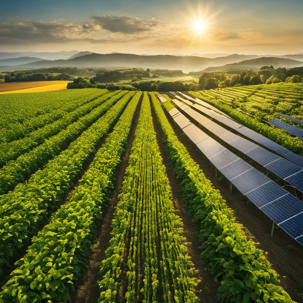 An image showcasing a sun-soaked, lush green farm landscape