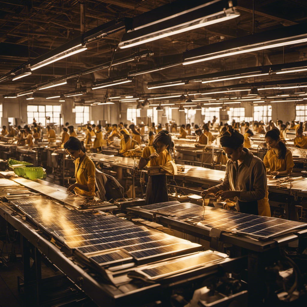 An image showcasing a bustling clothing factory with solar panels adorning its rooftop, basking in the warm glow of sunlight