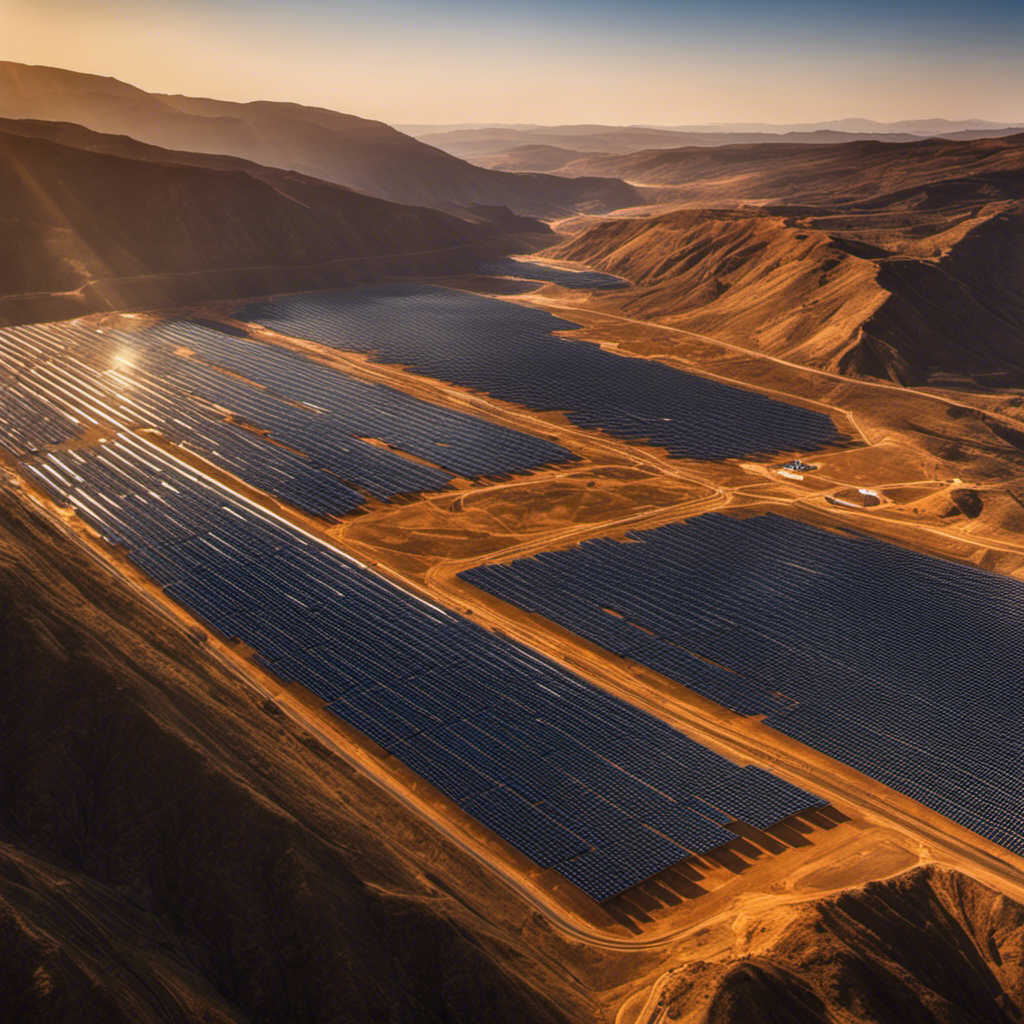An image showcasing a vast mining site nestled in a sun-drenched valley, enveloped by rows of gleaming solar panels