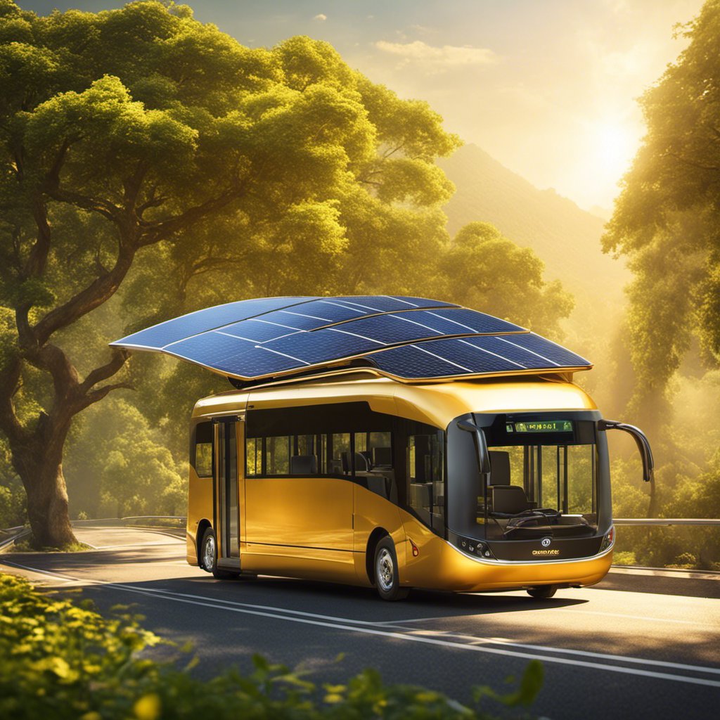 An image showcasing a solar-powered electric bus gliding effortlessly on a tree-lined road, surrounded by vibrant greenery, with rays of golden sunlight illuminating the vehicle and a charging station in the background