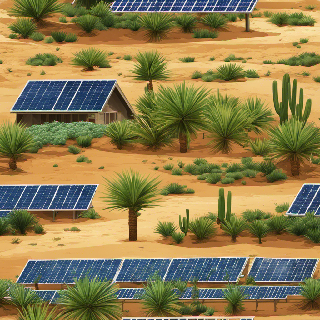An image showcasing a vibrant desert landscape with a solar-powered irrigation system watering lush green crops, highlighting the innovative use of solar energy for efficient water conservation in agricultural practices