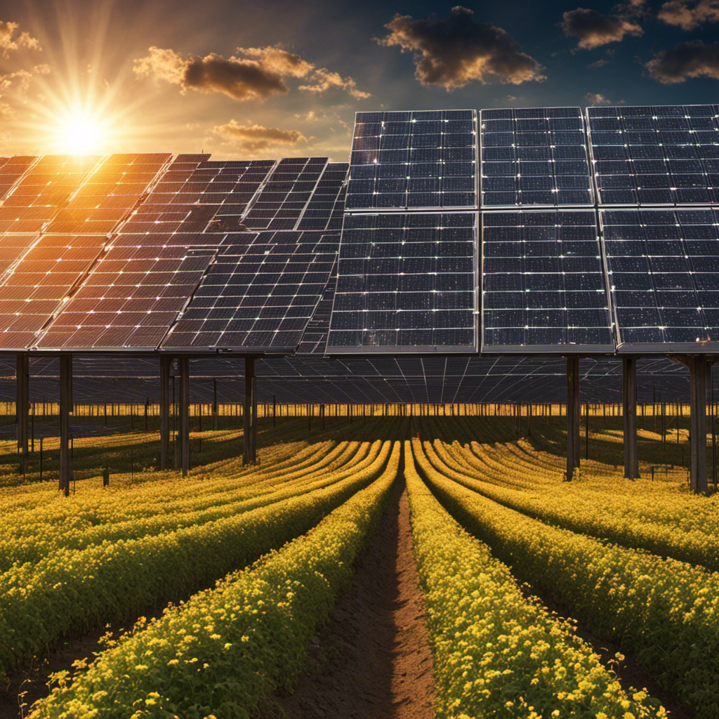 An image showcasing a vast landscape filled with rows of solar panels stretching towards the horizon, glistening under the sun's rays