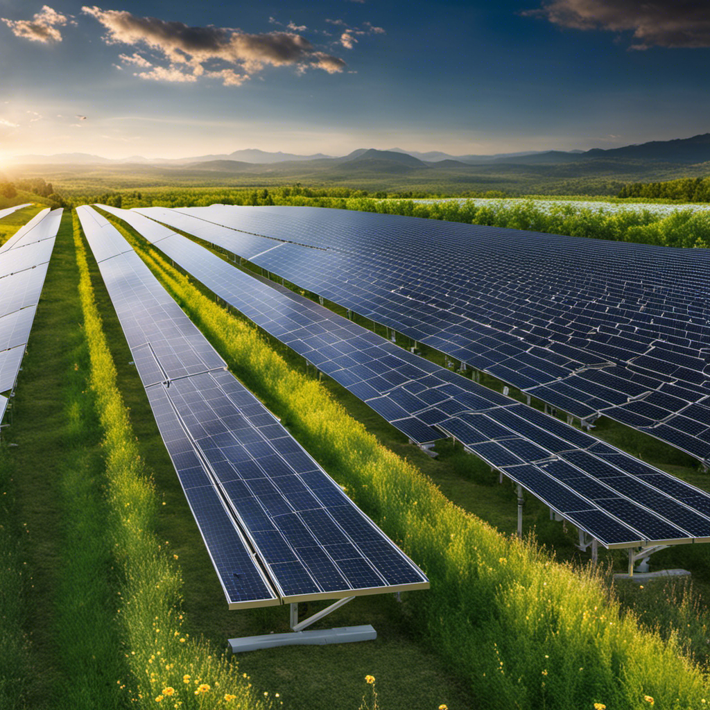 An image showcasing a vast landscape with rows of sleek, glistening solar panels stretching towards the horizon