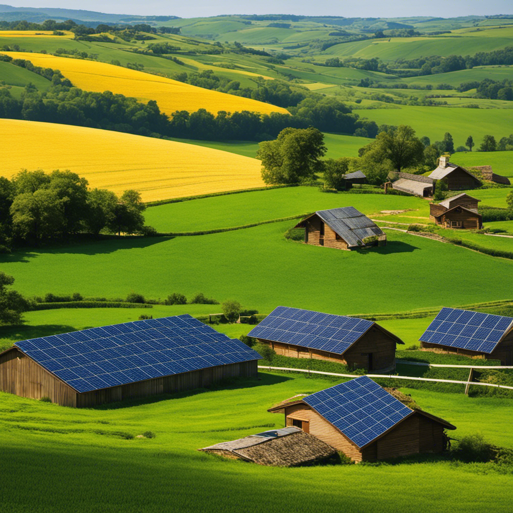 An image capturing the serene beauty of a rural landscape, showcasing sun-kissed solar panels neatly aligned in vast fields, providing sustainable energy to remote communities amidst rolling hills and green pastures