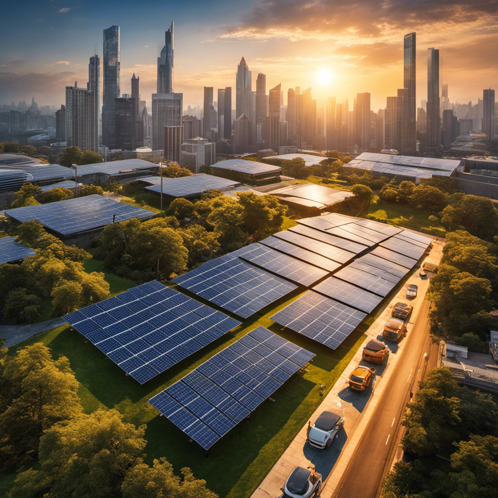 An image capturing the essence of solar energy in urban environments: rooftops adorned with sleek, futuristic solar panels, basking under the golden rays of a vibrant sunset, while skyscrapers stand tall in the background, symbolizing a greener, sustainable future