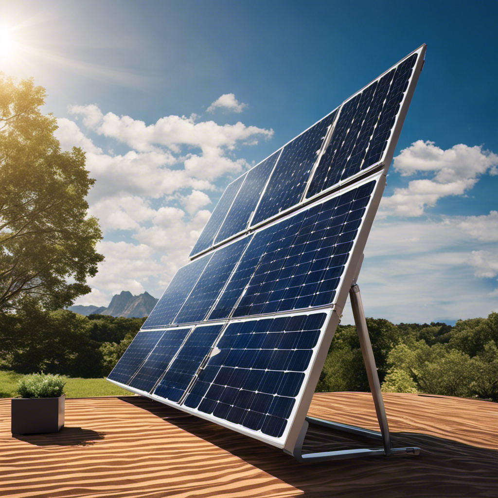 An image showcasing a sleek solar panel, positioned at a precise angle, absorbing vibrant rays of sunlight against a backdrop of clear blue skies, highlighting its optimal absorption of solar energy