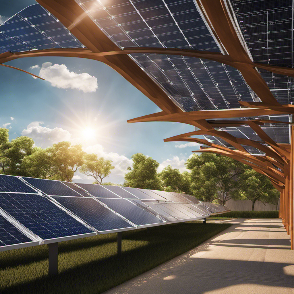 An image depicting a vibrant, sunlit landscape with solar panels mounted on rooftops, absorbing sunlight and converting it into clean, usable energy