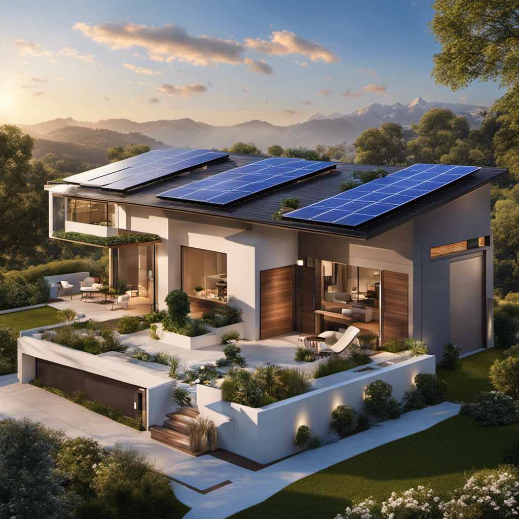 An image showcasing a sun-drenched rooftop adorned with solar panels, seamlessly powering a modern home, electric vehicles charging nearby, and surplus energy seamlessly flowing into the grid