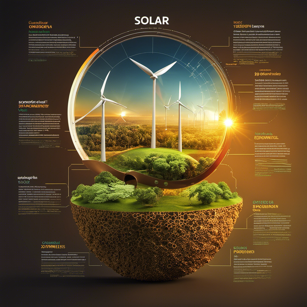An image that visually represents the spectrum of solar energy's environmental impact, showcasing its properties such as carbon emissions, land use, water consumption, waste management, and biodiversity conservation