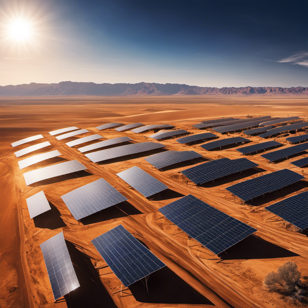 An image showcasing the vast expanse of a sun-soaked desert, with rows of solar panels stretching towards the horizon
