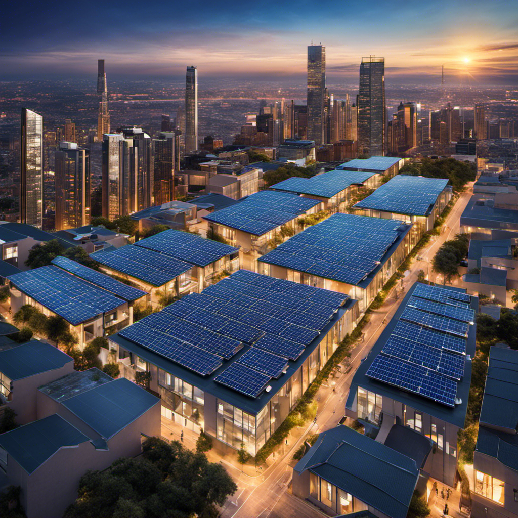 An image showcasing a vibrant solar panel array on a rooftop, effortlessly generating clean energy to power a bustling cityscape, including buildings, streetlights, and electric vehicles