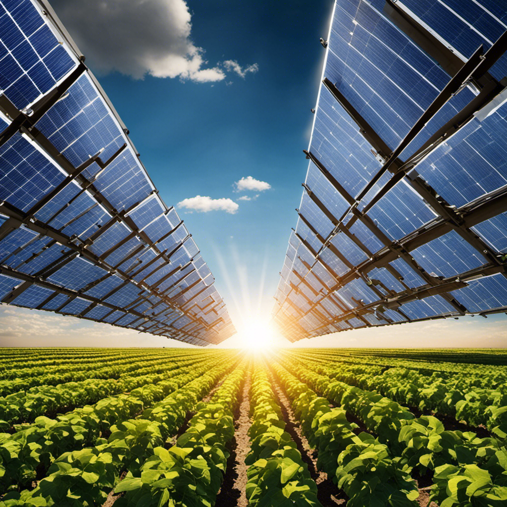 An image that showcases the brilliance of solar energy, capturing a vast expanse of sunlit solar panels radiating clean, renewable power against a backdrop of clear blue skies and lush green fields