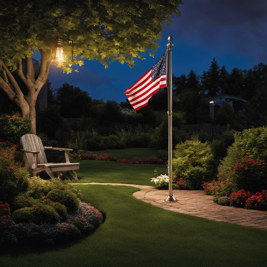 An image capturing the tranquility of a moonlit night, showing a tall flagpole in a well-manicured yard