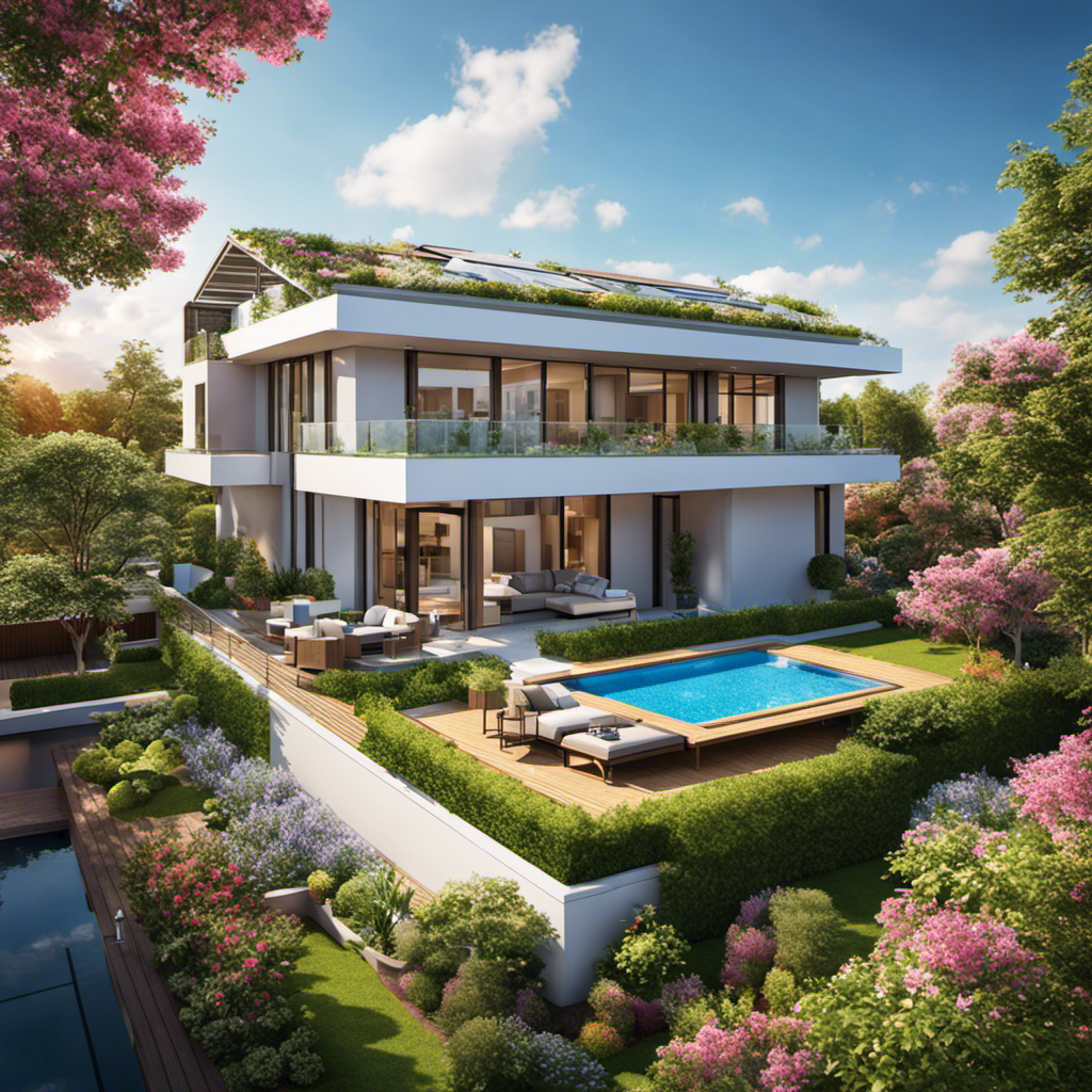An image showcasing a sun-drenched residential rooftop adorned with gleaming solar panels, surrounded by lush greenery and colorful blossoms