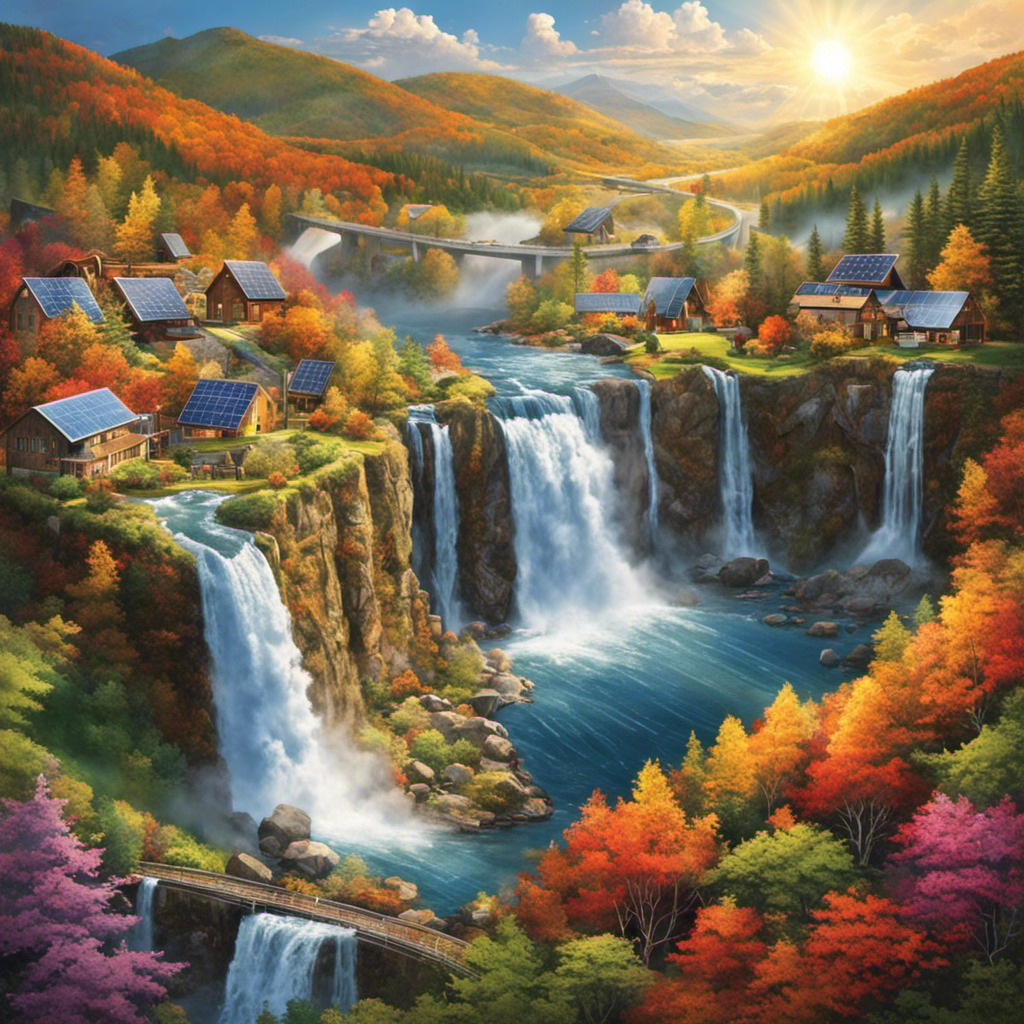 An image that depicts a vibrant collage of solar panels glistening under the sun, a rushing waterfall powering turbines, steam rising from geothermal plants, and wind turbines gracefully spinning amidst a scenic landscape