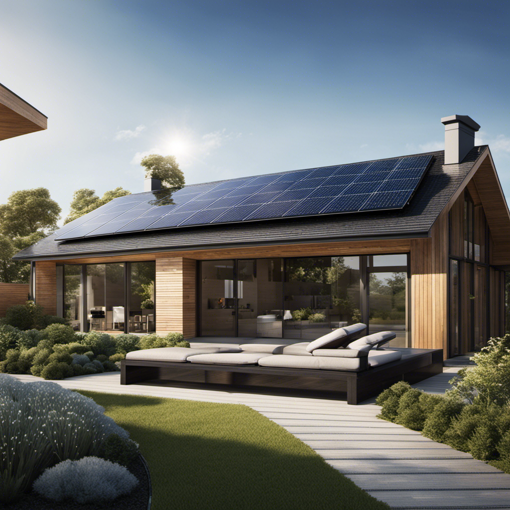 An image capturing a suburban rooftop adorned with sleek, black solar panels glistening under a clear blue sky