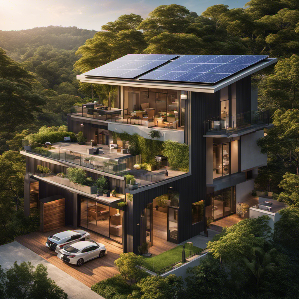 An image showcasing a gleaming rooftop solar array, perfectly aligned with the sun's rays, casting a vibrant glow on nearby lush greenery, while a digital display reveals the impressive energy output