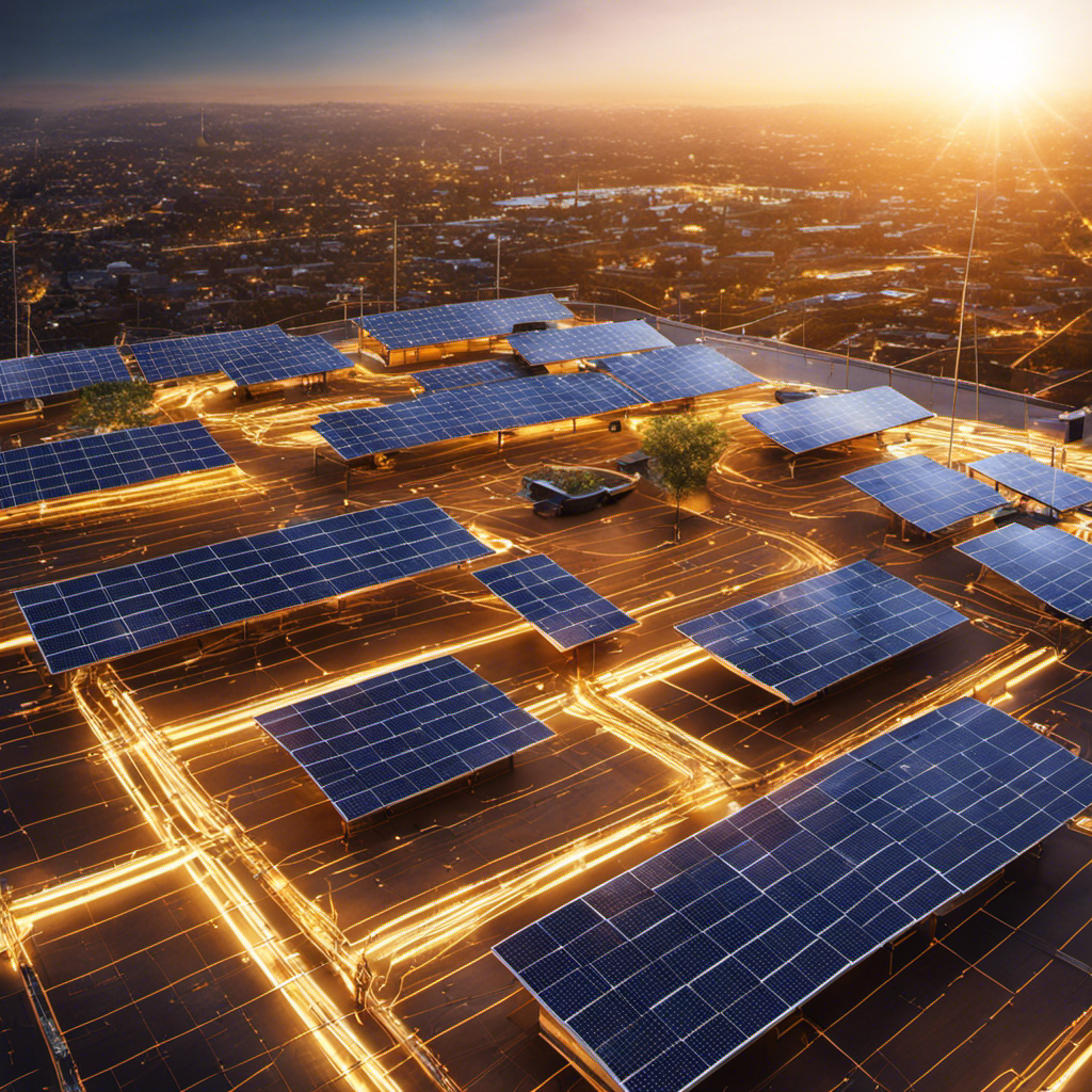 An image showcasing a sunlit rooftop with solar panels, capturing the radiant sunlight being absorbed by the panels and transformed into electrical energy through the intricate network of wires and circuits