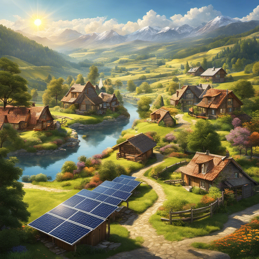 An image showcasing a sun-drenched landscape with houses powered by traditional energy sources on one side, contrasted with houses equipped with solar panels on the other side, emphasizing the divergent paths of energy production