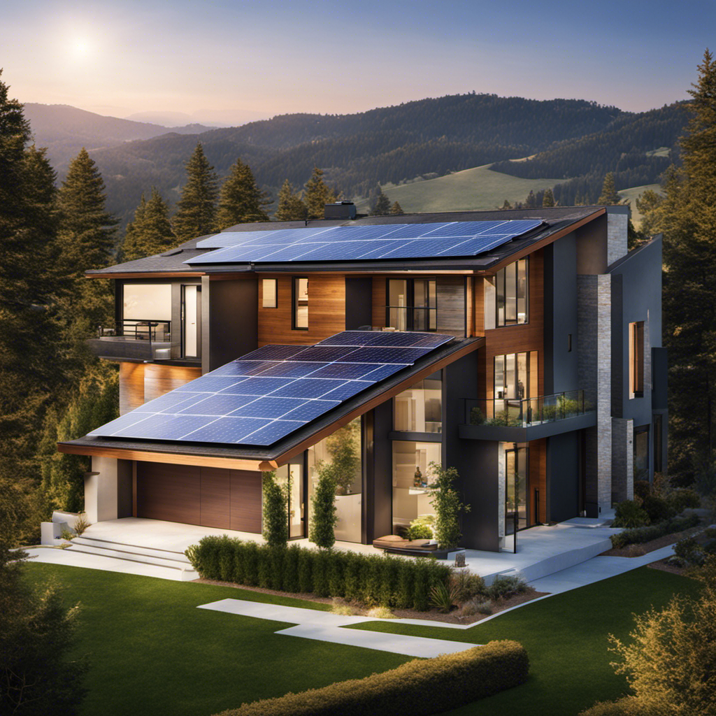 An image showcasing a vibrant rooftop solar panel installation, with sunlight cascading onto a modern home