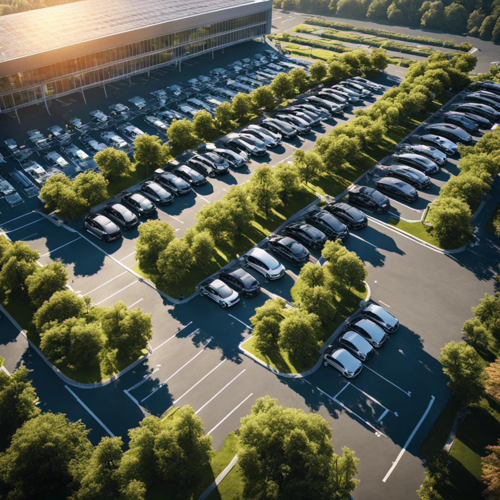 An image showcasing a sun-drenched parking lot with rows of electric vehicles seamlessly connected to solar-powered charging stations