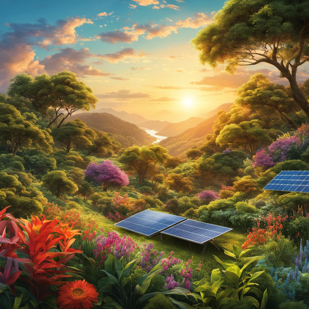 An image showcasing a lush, diverse ecosystem teeming with vibrant flora and fauna, juxtaposed with solar panels seamlessly integrated into the landscape, illustrating the harmonious coexistence of solar power and biodiversity conservation