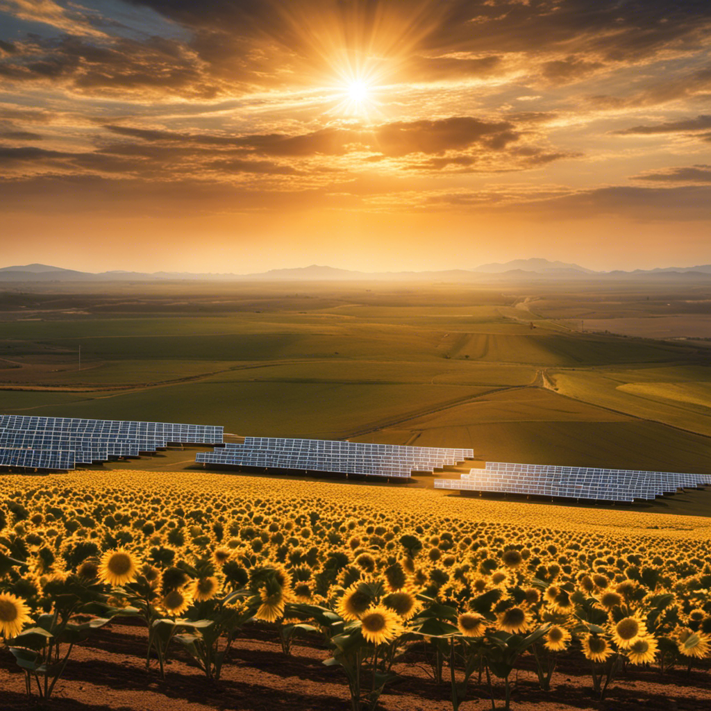 An image capturing the ethereal beauty of a vast solar farm stretching towards the horizon, its gleaming panels reflecting the golden rays of the sun, symbolizing the harmonious relationship between solar power and the environment