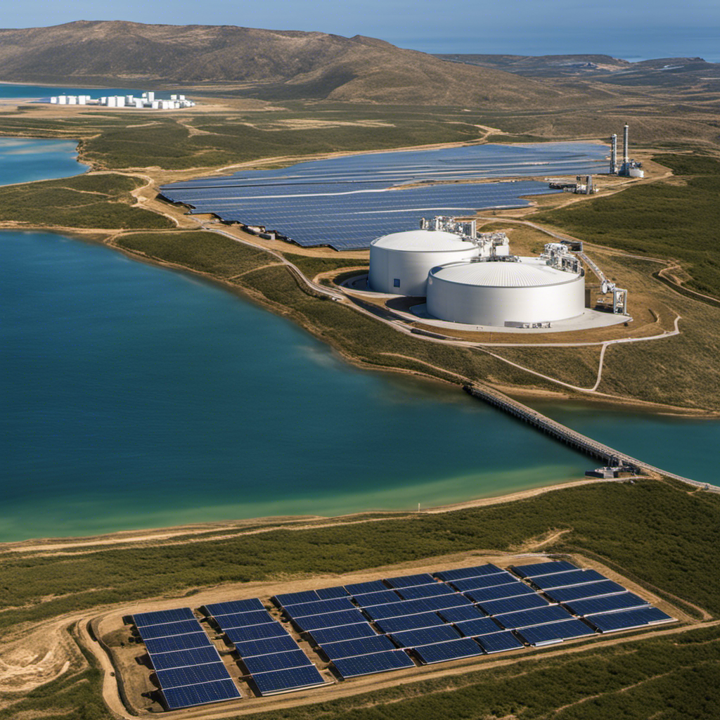 An image showcasing a coastal desalination plant powered by solar panels