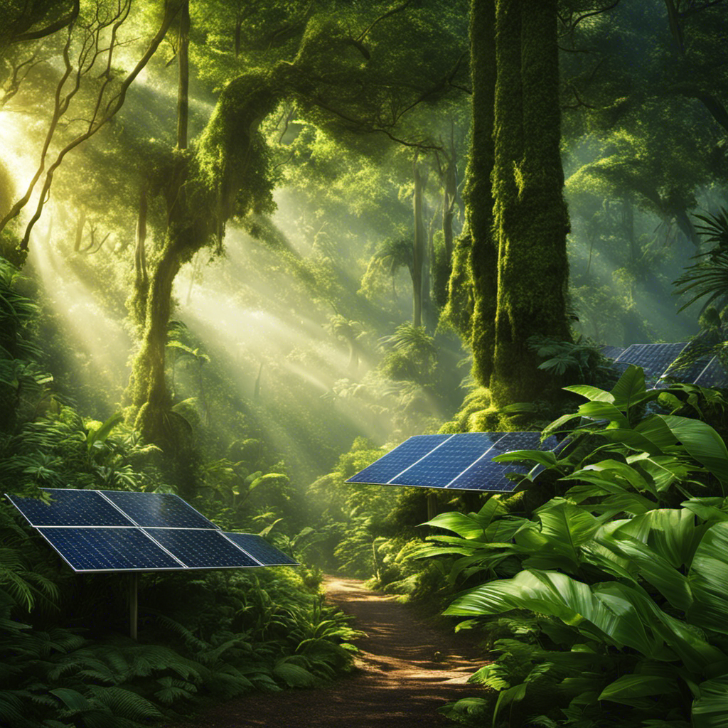 An image showcasing a lush rainforest with rays of sunlight penetrating the canopy, while solar panels are strategically positioned at the forest's edge, symbolizing the vital role of solar power in preserving our precious forests