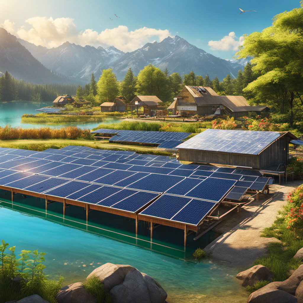 An image showcasing a vibrant fish farm nestled on the shores of a pristine lake, surrounded by solar panels glistening under the sun