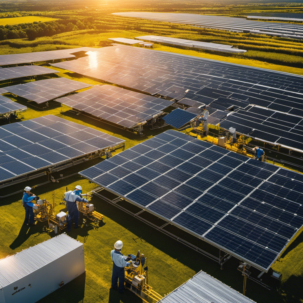 An image showcasing a bustling solar panel production factory, with workers in yellow safety helmets assembling solar panels, surrounded by stacks of renewable energy equipment and a backdrop of sunlight-filled fields