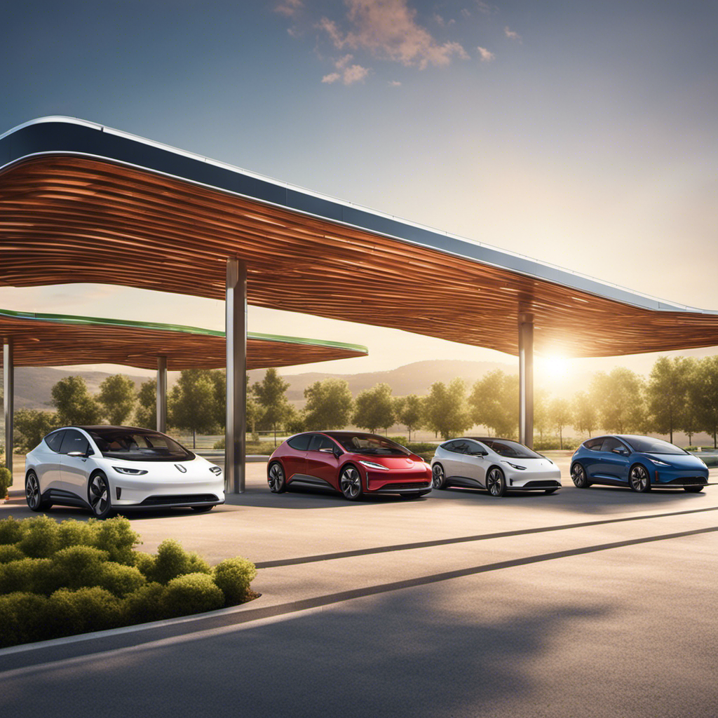 An image showcasing a vibrant, sunlit parking lot filled with sleek electric vehicles charging at stations powered by solar panels