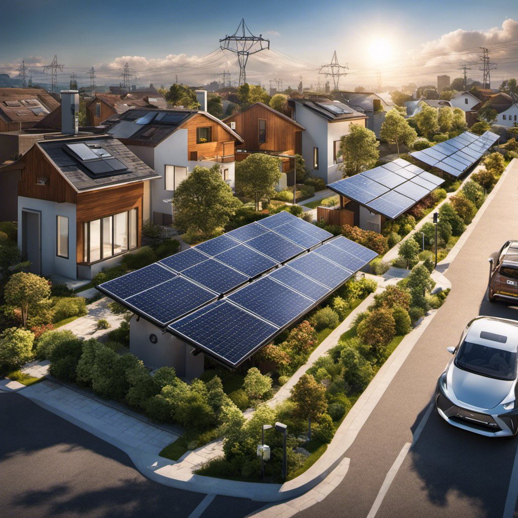 An image of a sunlit neighborhood where solar panels adorn every rooftop, seamlessly connected by a network of power lines