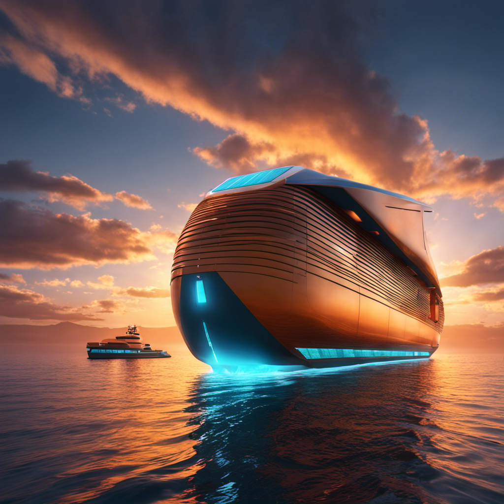 An image showcasing a futuristic cargo ship adorned with sleek solar panels, gliding effortlessly on azure waves