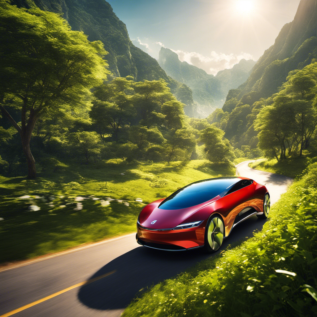 An image showcasing a sleek electric car powered by solar panels, gliding down a sun-drenched road fringed with vibrant greenery